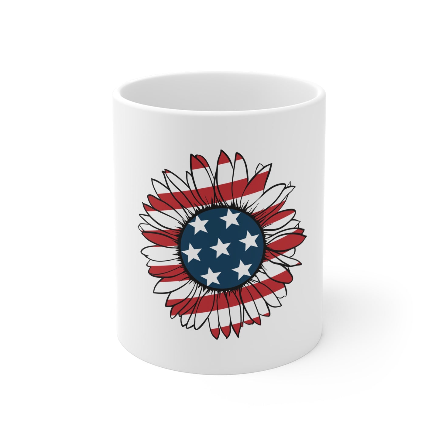 Patriotic Sunflower Coffee Mug – American Flag Floral Mug – Red White Blue Flower Design – USA Botanical Gift Mug 11oz