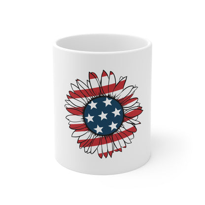 Patriotic Sunflower Coffee Mug – American Flag Floral Mug – Red White Blue Flower Design – USA Botanical Gift Mug 11oz