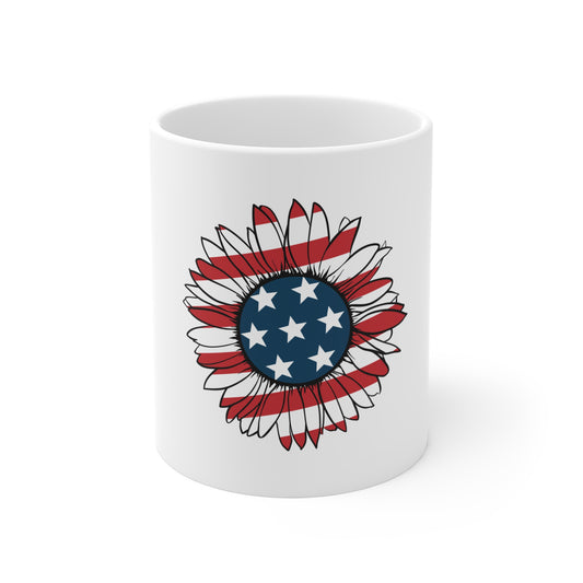 Patriotic Sunflower Coffee Mug – American Flag Floral Mug – Red White Blue Flower Design – USA Botanical Gift Mug 11oz