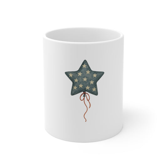 Patriotic Star Balloon Coffee Mug – Americana Star Mug – Vintage 4th of July Mug – Rustic Independence Day Decor Mug 11oz