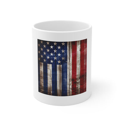 Rustic American Flag Wood Coffee Mug – Vintage USA Wood Grain Mug – Patriotic Barnwood Flag Cup – Farmhouse Americana Gift American Flag Coffee Mug – Rustic USA Stars & Stripes 11oz