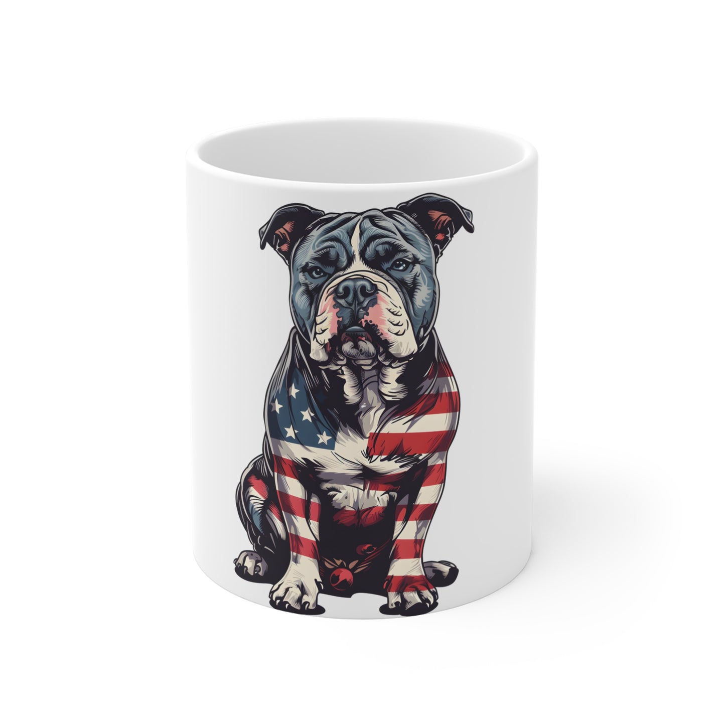 Patriotic Bulldog Coffee Mug – American Flag Bulldog Full Body Mug – USA Dog Art Cup – 4th of July Gift for Dog Lovers 11oz