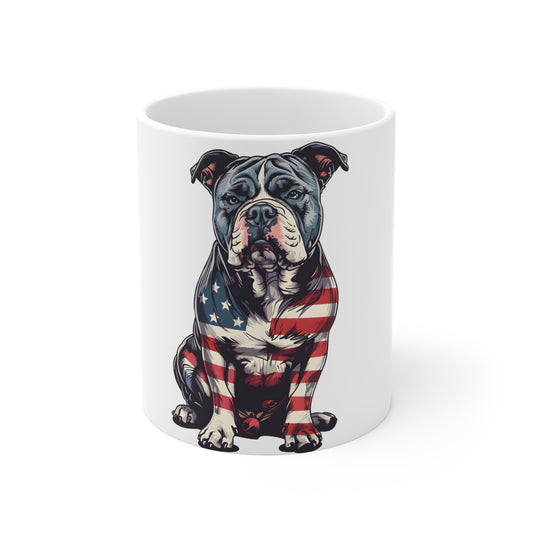 Patriotic Bulldog Coffee Mug – American Flag Bulldog Full Body Mug – USA Dog Art Cup – 4th of July Gift for Dog Lovers 11oz
