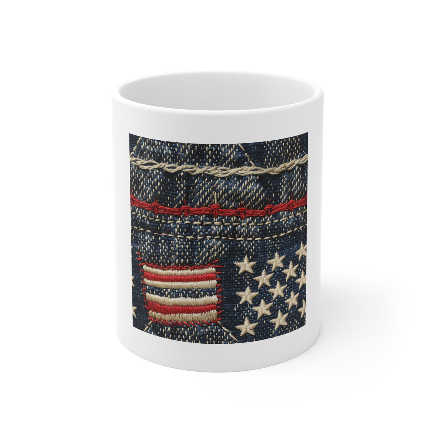 American Flag Denim Coffee Mug – Patched USA Flag Stitch Mug – Patriotic Jeans Cup – Rustic Americana Gift – Handmade Style Mug 11oz
