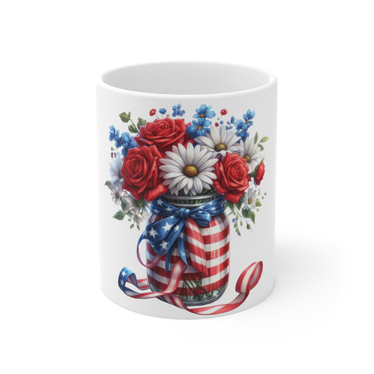 American Flag Mason Jar Floral Coffee Mug – Patriotic Rose & Daisy Mug – Red White Blue Bouquet Cup – 4th of July Gift Mug Patriotic Mason Jar Floral Mug – American Flag Red Rose & Daisy 11oz
