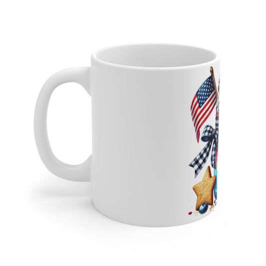 Patriotic Berry Sundae Coffee Mug – 4th of July Ice Cream Mason Jar Mug – Red White Blue Dessert Cup with Cookie & Flag Patriotic Red White Blue Dessert Mug – 11oz Fourth of July Coffee Cup