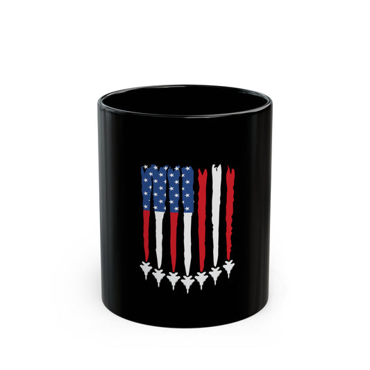 Patriotic Jet Stripe Mug – American Flag Fighter Jet Coffee Mug – USA Aviation Flag Cup – Red White Blue Military Mug (11oz, 15oz)