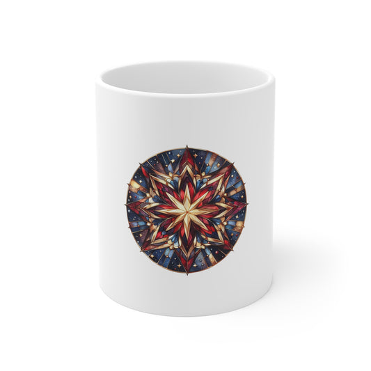 Stained Glass Patriotic Star Mug – Americana Starburst Coffee Mug – Red White Blue Art Cup – USA Gift Mug Mug 11oz