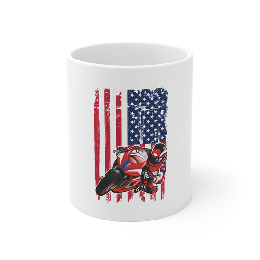 American Flag Motorcycle Mug — 11oz Patriotic Racing Bike Coffee Cup