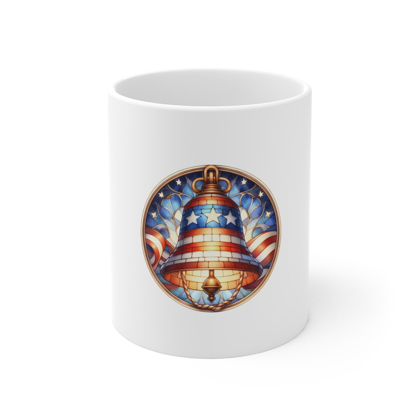 Stained Glass Liberty Bell Mug – Patriotic Freedom Bell Coffee Mug – American Independence Art Cup – Red White Blue Gift Mug 11oz