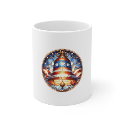Stained Glass Liberty Bell Mug – Patriotic Freedom Bell Coffee Mug – American Independence Art Cup – Red White Blue Gift Mug 11oz
