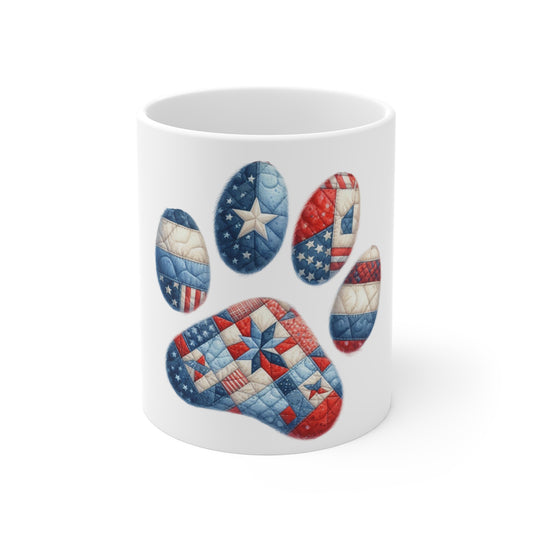 Patriotic Quilt Star Dog Paw Coffee Mug – Americana Patchwork Star Paw Print Mug – Red White Blue Dog Lover Mug – USA Pet Gift Cup Patriotic Quilted Paw Print Mug - 11oz American Flag Dog Lover Coffee...