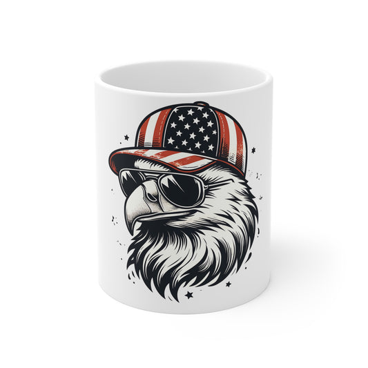 Patriotic Eagle Coffee Mug – American Flag Hat Bald Eagle Mug – USA Freedom Eagle with Sunglasses Cup – Vintage Americana Gift Mug Mug 11oz