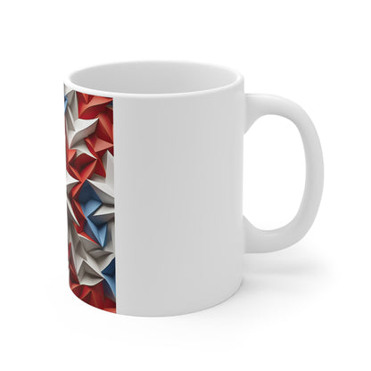 3D Patriotic Starburst Coffee Mug – Bold Central Star Americana Mug – Red White Blue Geometric Star Design – USA Statement Mug 11oz