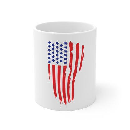 Distressed Vertical American Flag Coffee Mug – Grunge USA Flag Mug – Bold Patriotic Drip Design Cup – Red White Blue Gift Mug 11oz