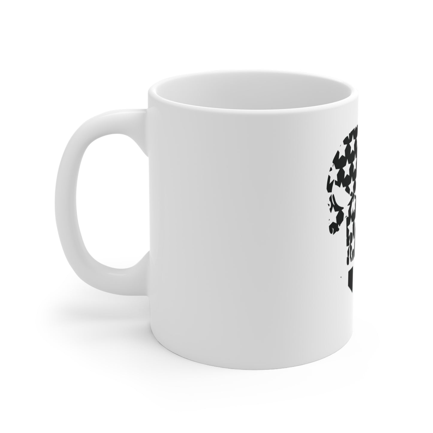 Blacked Out Split Flag Skull Mug – Tactical American Skull Coffee Mug – Stealth USA Skull Cup – Minimalist Patriotic Skull Mug 11oz