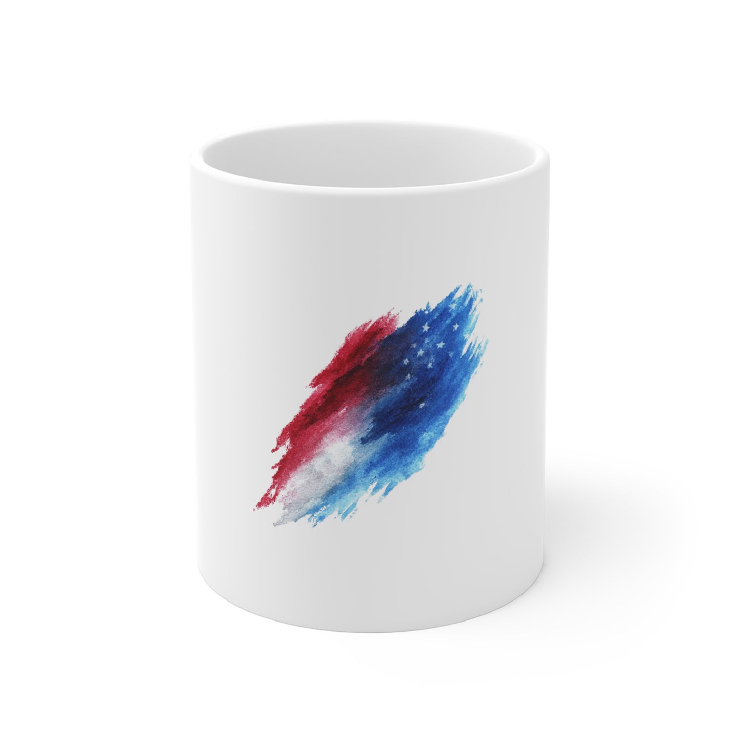 Patriotic Watercolor Brushstroke Mug — Red White Blue 11oz Coffee Cup