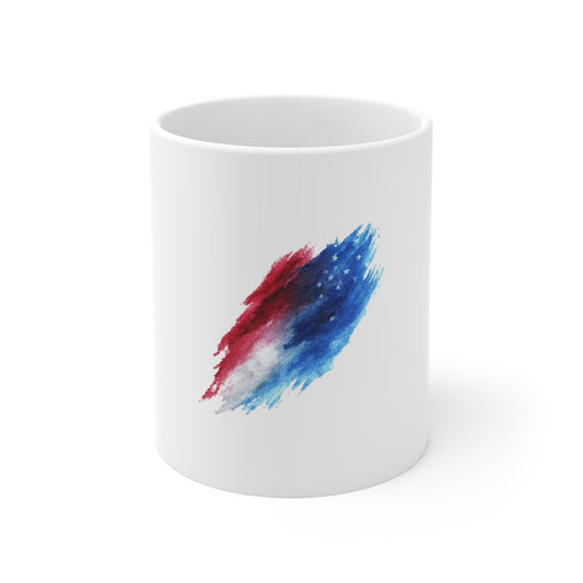 Patriotic Watercolor Brushstroke Mug — Red White Blue 11oz Coffee Cup