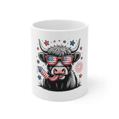 Patriotic Cow 11oz Mug — American Flag Sunglasses & Firework Design