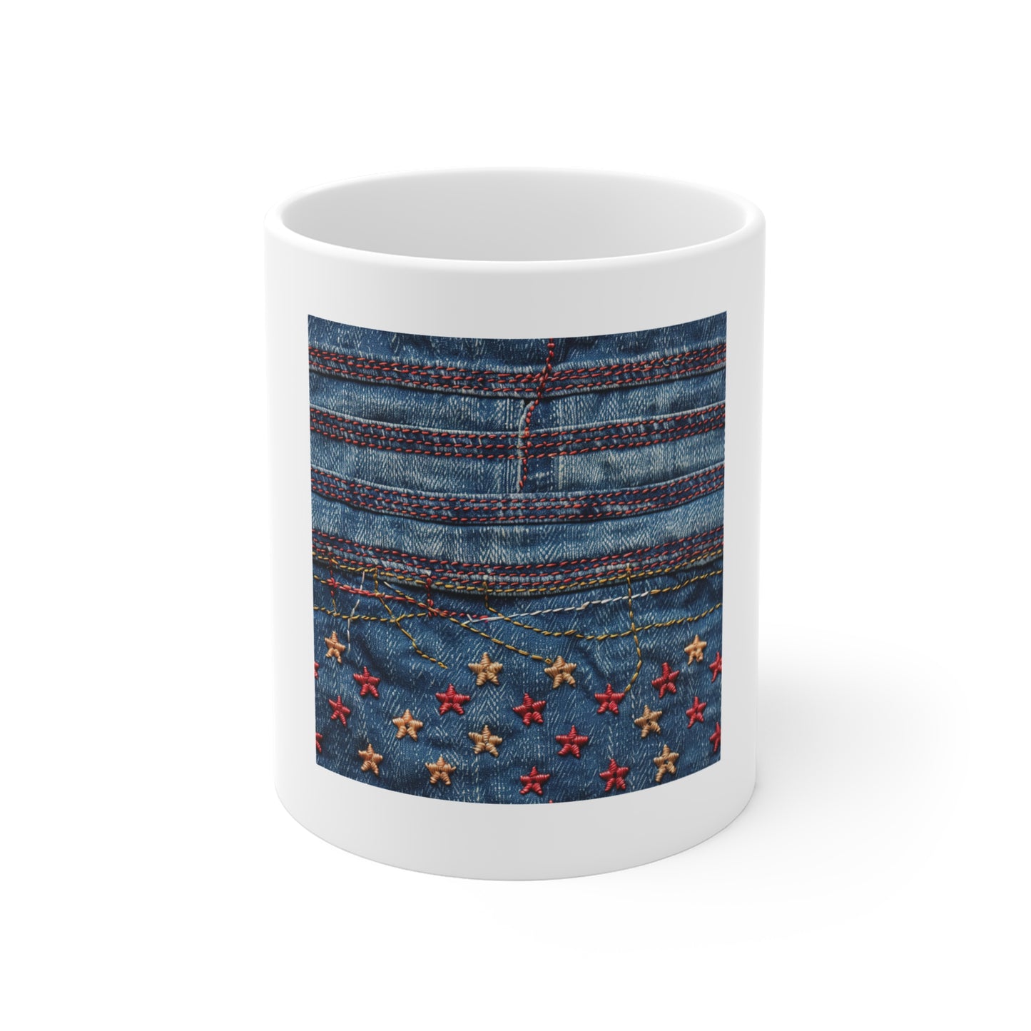 Denim American Flag Coffee Mug – Embroidered Star & Red Stitch Patriotic Mug – Rugged Jeans Texture USA Cup – Americana Style GiftDenim Stars 11oz Coffee Mug — Patchwork Jeans Pattern