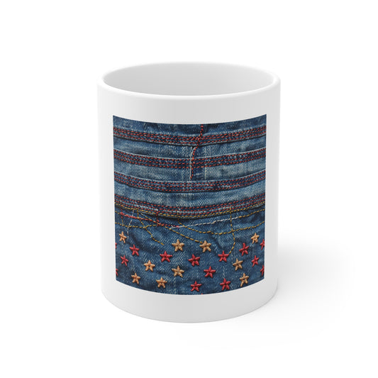 Denim American Flag Coffee Mug – Embroidered Star & Red Stitch Patriotic Mug – Rugged Jeans Texture USA Cup – Americana Style GiftDenim Stars 11oz Coffee Mug — Patchwork Jeans Pattern
