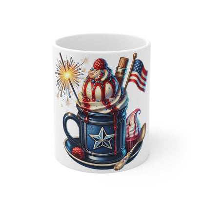Patriotic Ice Cream Sundae Coffee Mug – 4th of July Dessert Mug – Americana Star Mug with Fireworks – Red White Blue Treat Cup Patriotic Dessert Mug – 11oz Americana Ice Cream & Fireworks Coffee Cup...