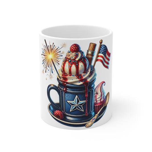 Patriotic Ice Cream Sundae Coffee Mug – 4th of July Dessert Mug – Americana Star Mug with Fireworks – Red White Blue Treat Cup Patriotic Dessert Mug – 11oz Americana Ice Cream & Fireworks Coffee Cup...