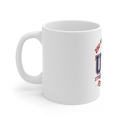 USA 250 Years of Freedom Coffee Mug – 1776–2026 Patriotic Varsity Mug – Red White Blue Americana Cup – Bold Independence Gift Mug 11oz