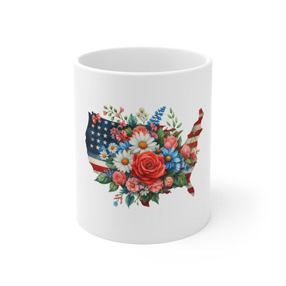 Patriotic USA Floral Map Mug — 11oz American Flag with Roses & Daisies