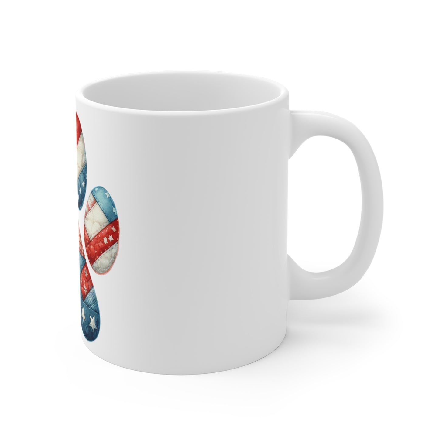 Patchwork Americana Paw Coffee Mug – Soft Vintage Patriotic Dog Paw Mug – Red White Blue Quilt Style Mug – USA Dog Lover Gift Patriotic Paw Print Mug – 11oz American Flag Pet Lover Coffee Cup