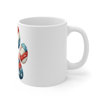 Patchwork Americana Paw Coffee Mug – Soft Vintage Patriotic Dog Paw Mug – Red White Blue Quilt Style Mug – USA Dog Lover Gift Patriotic Paw Print Mug – 11oz American Flag Pet Lover Coffee Cup