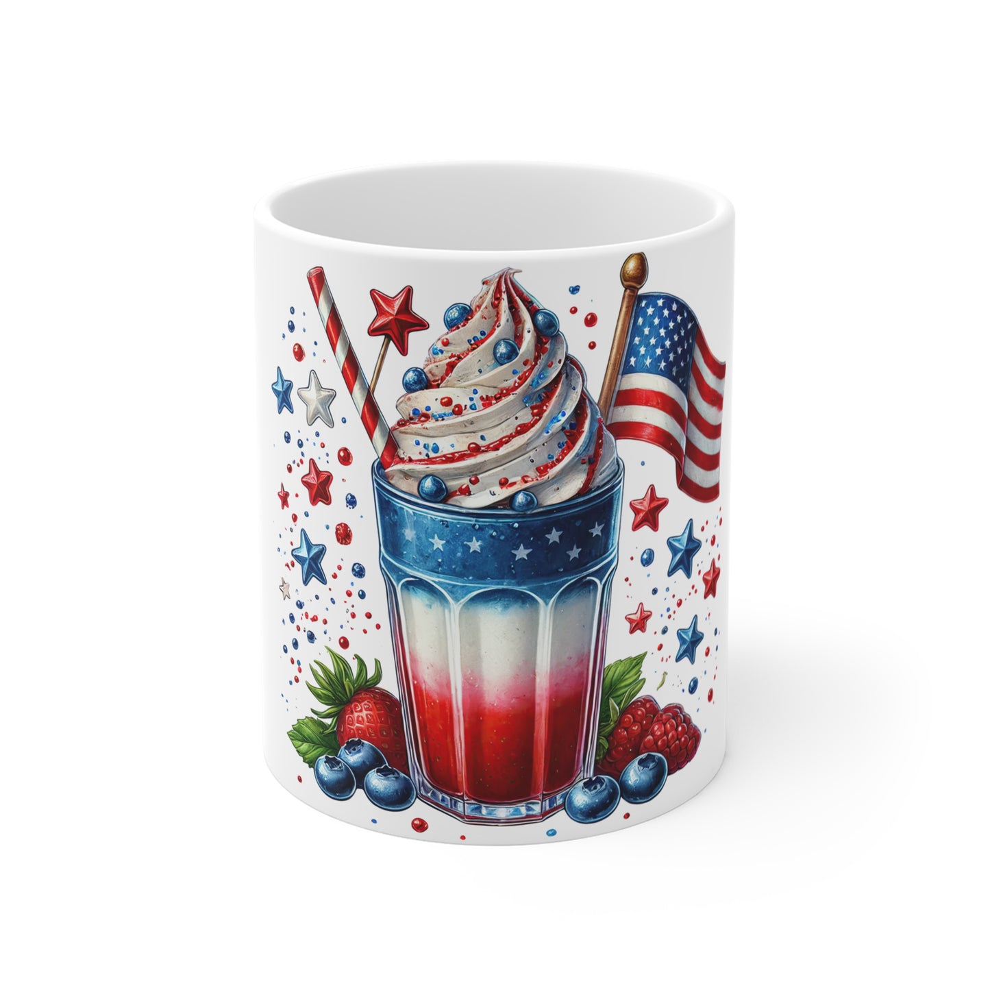 Patriotic Milkshake Coffee Mug – Red White Blue Ice Cream Mug – 4th of July Dessert Cup with American Flag – Summer Americana Drink Mug 11oz Patriotic USA Flag Dessert Mug — Red White Blue Berry Shake...