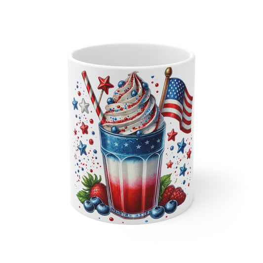 Patriotic Milkshake Coffee Mug – Red White Blue Ice Cream Mug – 4th of July Dessert Cup with American Flag – Summer Americana Drink Mug 11oz Patriotic USA Flag Dessert Mug — Red White Blue Berry Shake...