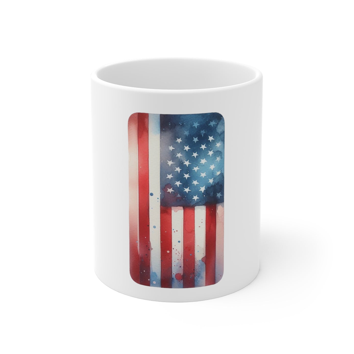 Watercolor American Flag Coffee Mug – Artistic USA Flag Mug – Patriotic Paint Splash Cup – Red White Blue Art Mug Mug 11oz