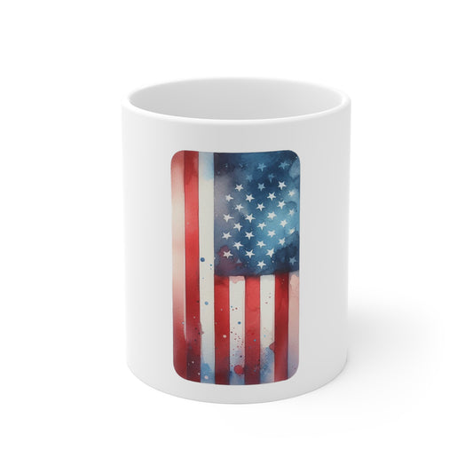 Watercolor American Flag Coffee Mug – Artistic USA Flag Mug – Patriotic Paint Splash Cup – Red White Blue Art Mug Mug 11oz