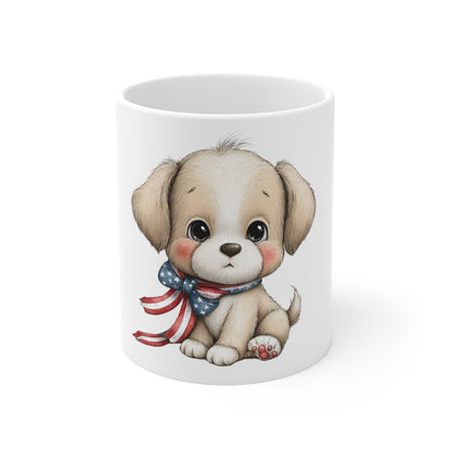 Cute Patriotic Puppy Ribbon Coffee Mug – 4th of July Dog Mug – Americana Puppy with Flag Ribbon Bow – Red White Blue Pet Lover Gift Cute Puppy Mug - Patriotic Puppy with American Flag Scarf 11oz...