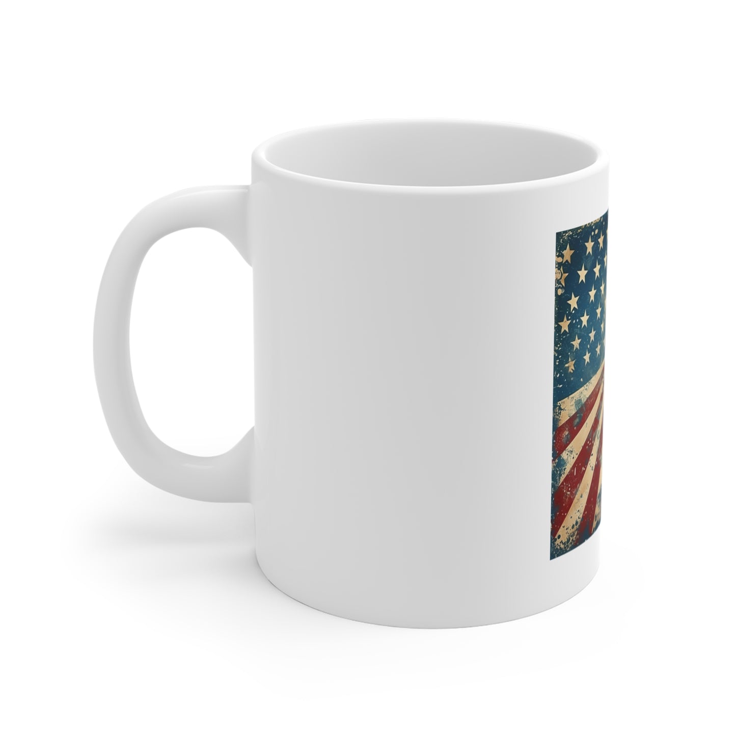 Vintage American Flag Sunburst Coffee Mug – Distressed Patriotic USA Mug – Retro Stars & Stripes 11oz Ceramic Cup – Unique Americana Gift