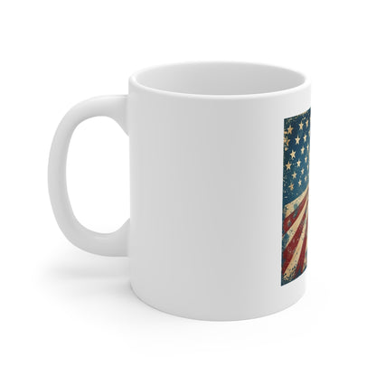 Vintage American Flag Sunburst Coffee Mug – Distressed Patriotic USA Mug – Retro Stars & Stripes 11oz Ceramic Cup – Unique Americana Gift