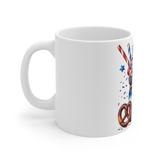 Patriotic Mason Jar Milkshake Coffee Mug – 4th of July Pretzel Dessert Mug – Red White Blue Americana Cup – Festive Sweet Treat Mug – Gift Mug Patriotic Red White Blue Dessert Mug – 11oz 4th of July...