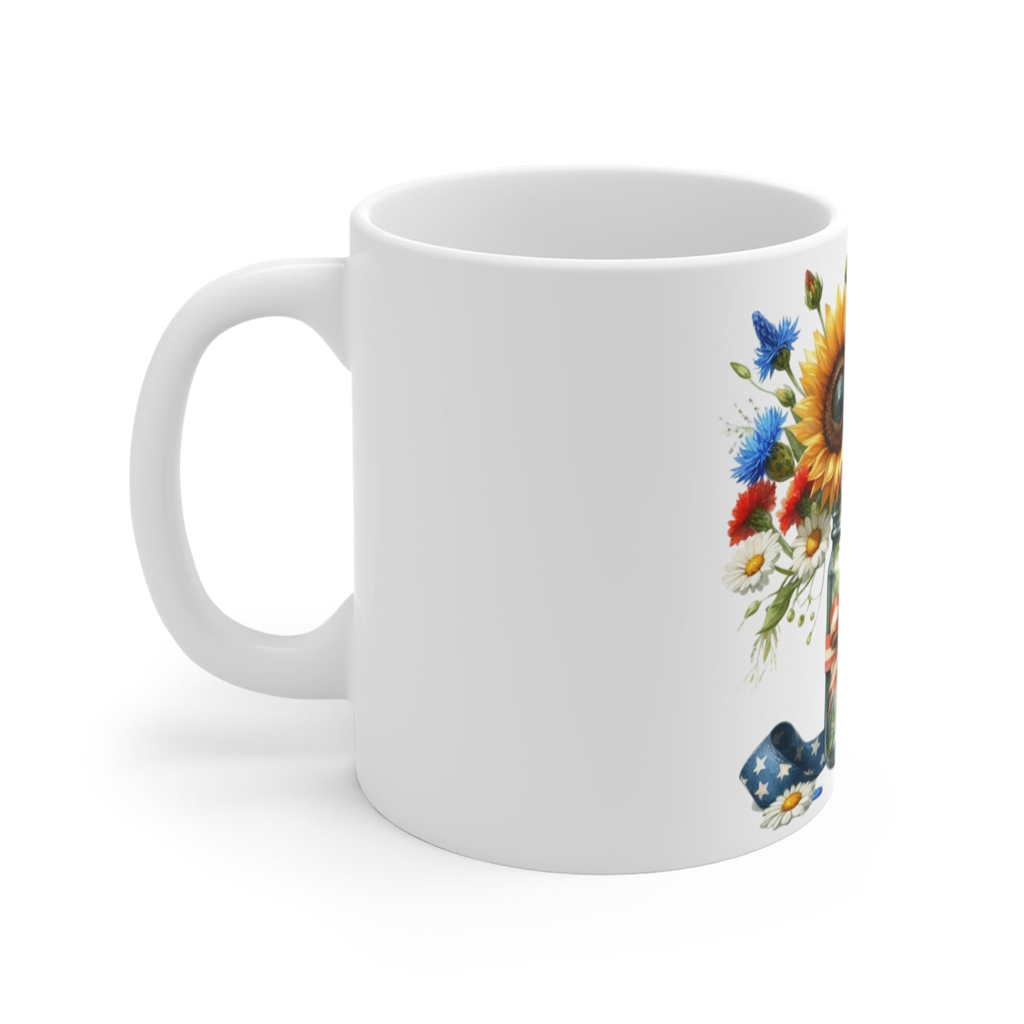 Patriotic Sunflower Mason Jar Coffee Mug – Red White Blue Wildflower Bouquet Mug – Americana Farmhouse Floral Cup – Rustic Gift Mug  Wildflower Bouquet Mug — Sunflower & Flag Ribbon 11oz