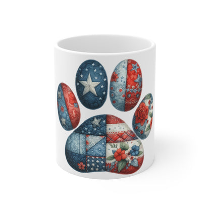 Floral Patriotic Dog Paw Coffee Mug – Americana Flower Patch Paw Print Mug – Red White Blue Quilt Dog Lover Mug – USA Gift Cup Patriotic Paw Print 11oz Mug – Red, White & Blue Floral Stars Coffee Cup...