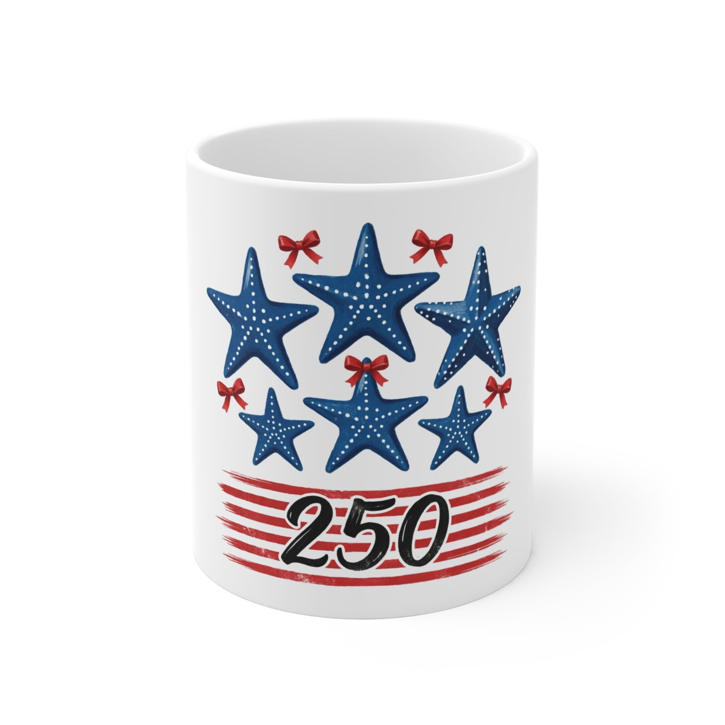Patriotic Starfish 250 Coffee Mug – Coastal Americana Mug – Red White Blue Beach Starfish Cup – Nautical USA 250th Anniversary Gift Mug 11oz