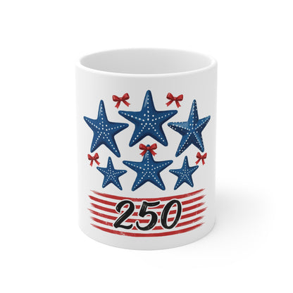 Patriotic Starfish 250 Coffee Mug – Coastal Americana Mug – Red White Blue Beach Starfish Cup – Nautical USA 250th Anniversary Gift Mug 11oz