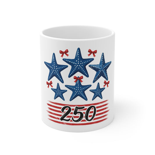 Patriotic Starfish 250 Coffee Mug – Coastal Americana Mug – Red White Blue Beach Starfish Cup – Nautical USA 250th Anniversary Gift Mug 11oz