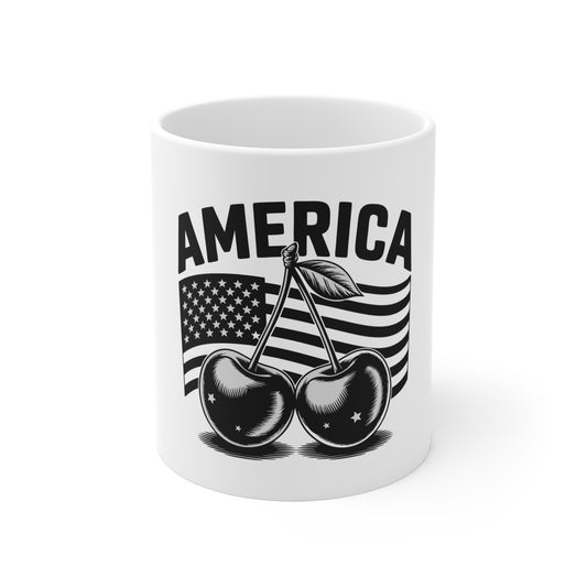 America Cherry Mug – Retro Patriotic Flag Coffee Cup