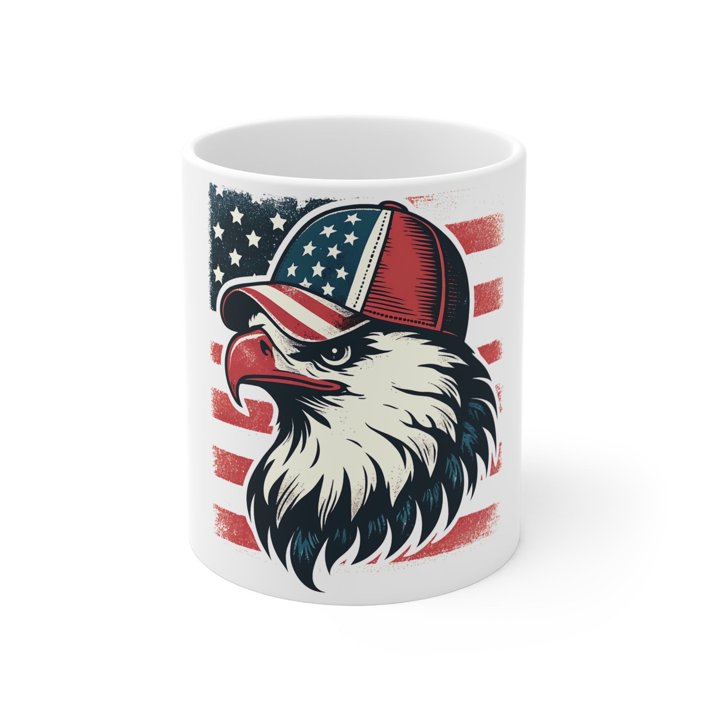 Patriotic Eagle Trucker Hat Coffee Mug – American Flag Bald Eagle Mug – USA Freedom Bird Cup – Vintage Distressed Americana Gift Mug 11oz
