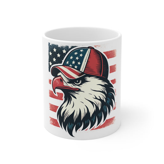 Patriotic Eagle Trucker Hat Coffee Mug – American Flag Bald Eagle Mug – USA Freedom Bird Cup – Vintage Distressed Americana Gift Mug 11oz