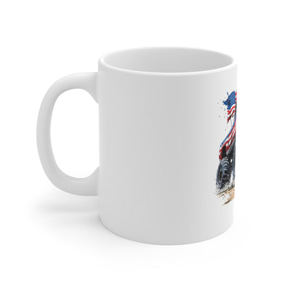 American Flag Monster Truck Coffee Mug – Patriotic Off-Road Truck Mug – USA Flag Truck Design – Rugged Americana Gift Mug 11oz