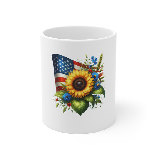 American Flag Sunflower Mug – Patriotic Floral 11oz Coffee Cup