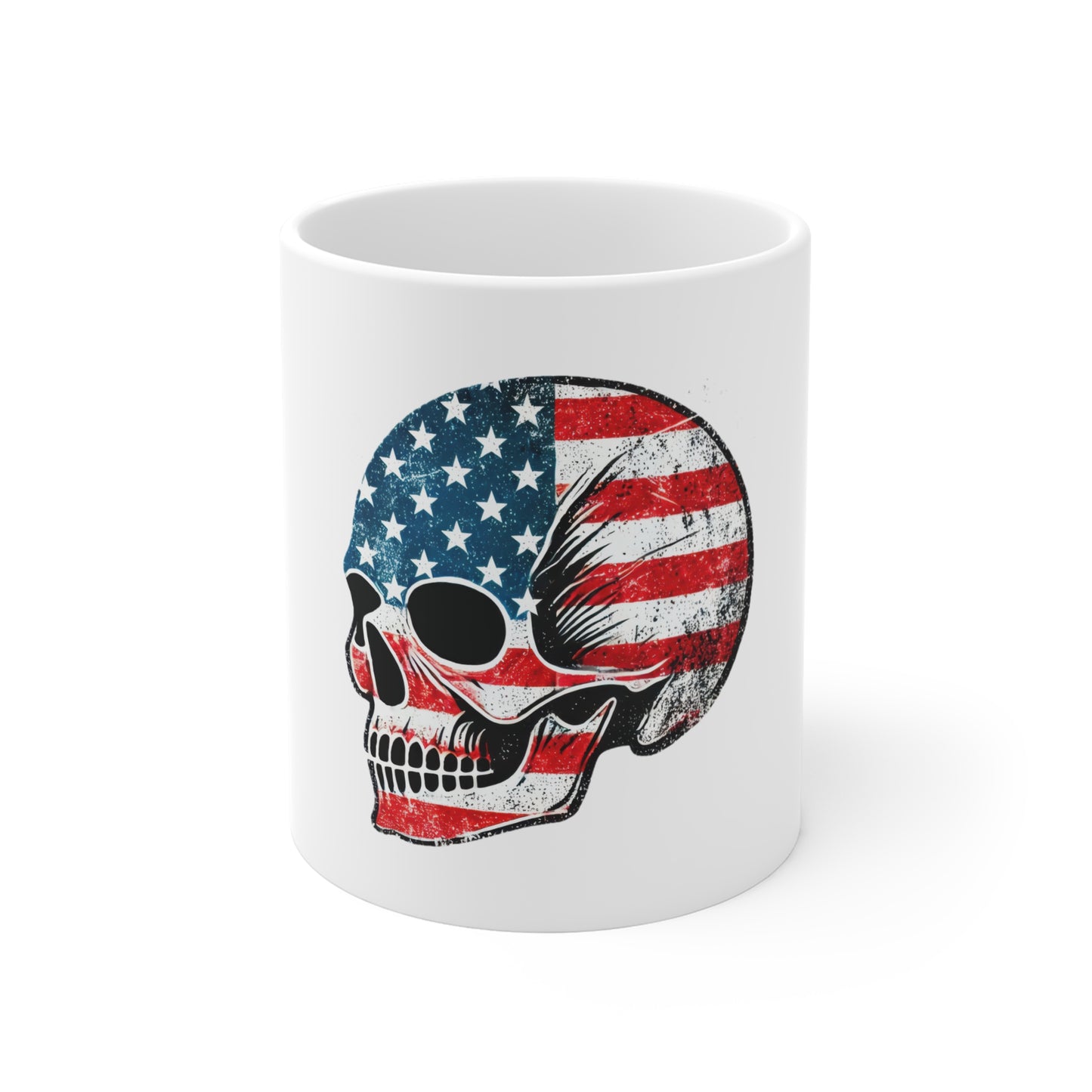 Distressed American Flag Skull Coffee Mug – Side Profile Patriotic Skull Mug – Vintage USA Grunge Skull Cup – Bold Americana Gift Mug 11oz